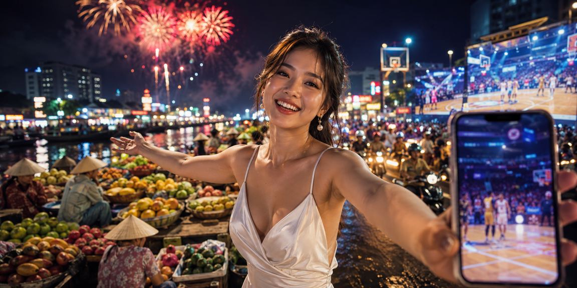 Cá cược bóng rổ và esports với ánh đèn neon tại khu vực Mekong