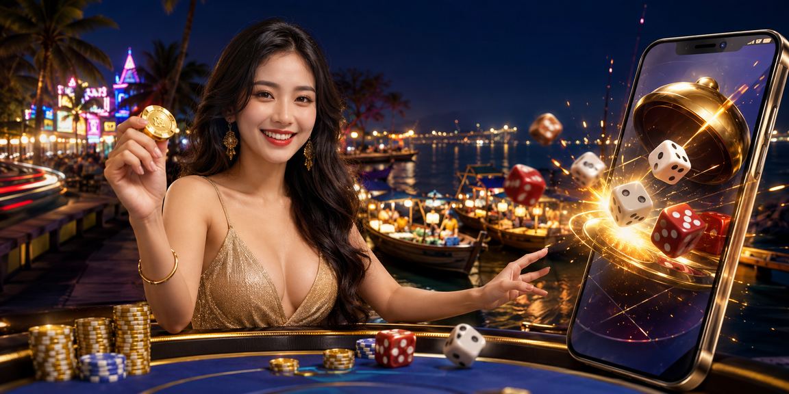 Bãi biển Mũi Né với hình ảnh xúc xắc tài xỉu – biểu tượng trò chơi giải trí phổ biến tại các khu nghỉ dưỡng ven biển Việt Nam
